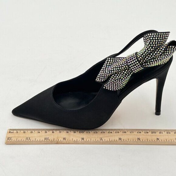 FSJ Black Pointed Toe High Heel Ankle Strap Rhinestone Bowknot Slingback Pumps - Picture 2 of 8